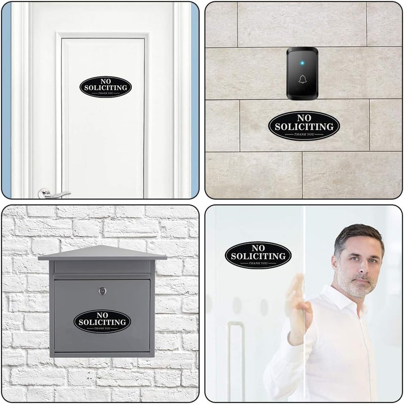 MongFun No Soliciting Sign for House Door, Self-adhesive 7" x 3" Metal Signs for Office Wall, Durable UV and Easy Mounting, Oval Design with Black White Colors (2 Pack BLACK) - Image 3
